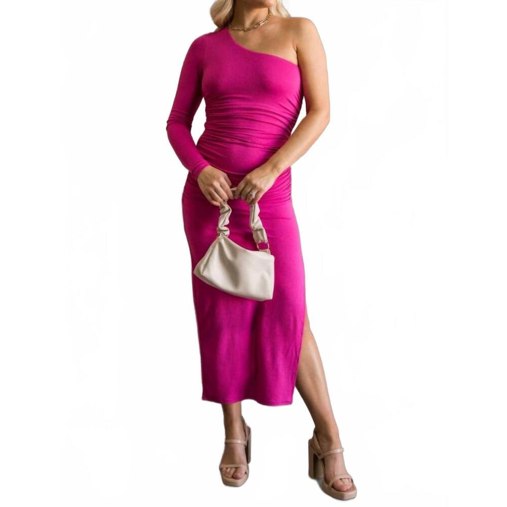 NEW ANNA GRACE one-shoulder ruched midi dress in pink
